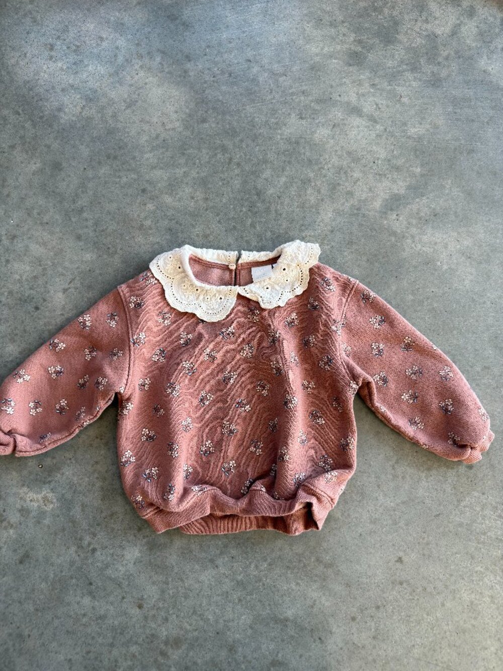 Zara Girls 4Y Pink Floral Fleece Sweatshirt Eyelet Lace Collar